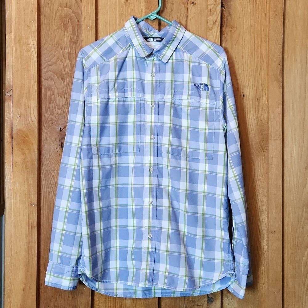 North Face Traverse Button Down Vented Outdoor Shirt Medium Blue & White Plaid